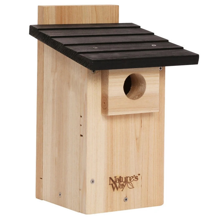 Cedar Bluebird Viewing House with black roof, featuring air vents, predator guard, fledgling skerfs, and a crack-resistant viewing window for observing birds safely.