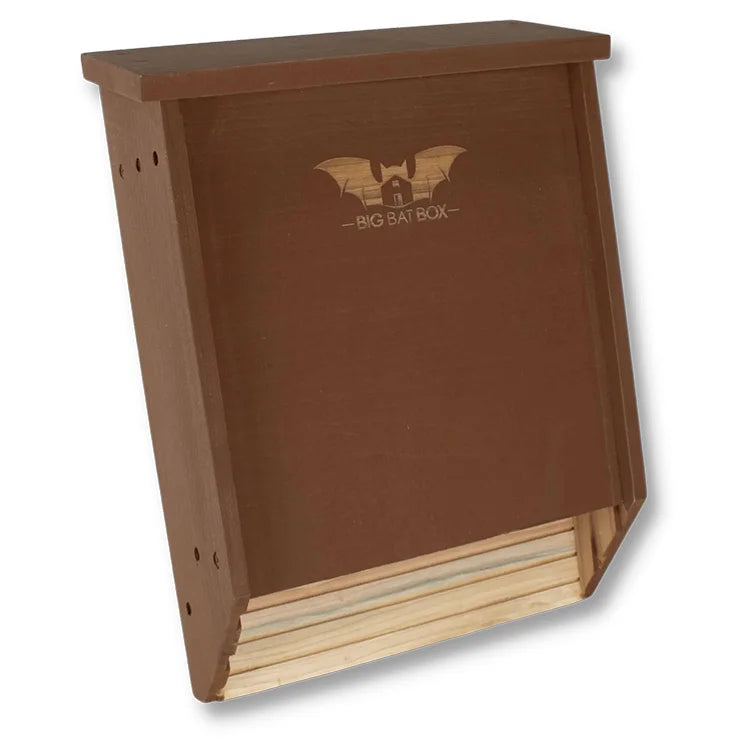 Two-Chamber Bat House, Brown, featuring a wooden design with slatted chambers for bats to roost, suitable for mounting on posts or buildings.