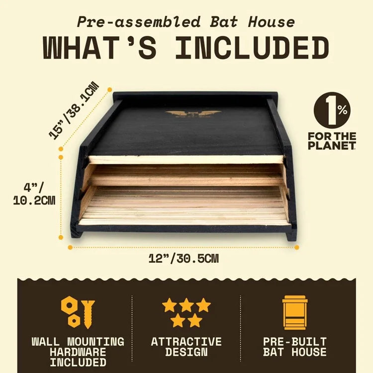 Two-Chamber Bat House, Black, pre-assembled; cedar, weatherproof with grooved interior, mounts easily. Ideal for cooler climates, supports 75 bats for natural pest control.