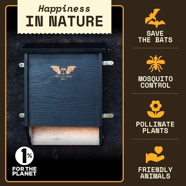 Two-Chamber Bat House, Black, mounted on a wall, with icons highlighting benefits: bat conservation, mosquito control, plant pollination, and animal friendliness. Includes 1% for the Planet logo.