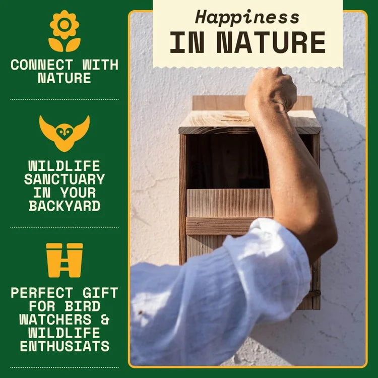 Person installing Owl Box for Gardens, an unfinished wooden birdhouse, with promotional icons highlighting its nature connection and suitability as a gift for wildlife enthusiasts.