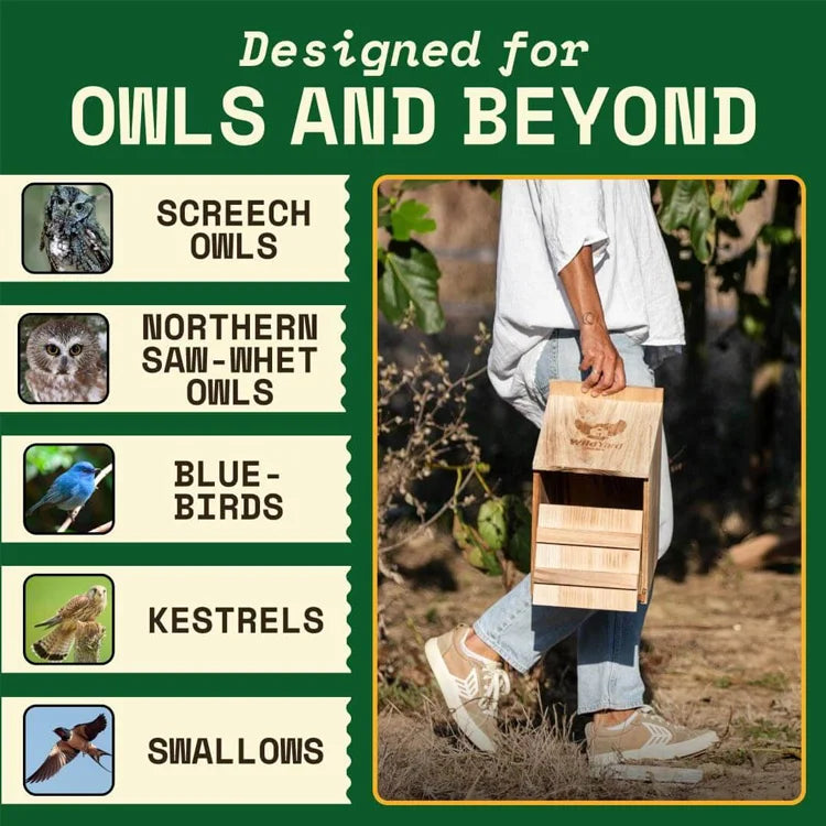 Multi-species Owl Box for Gardens, featuring a wooden design with hinged roof. Supports screech owls, swallows, and more, offering easy maintenance through a wide front door.