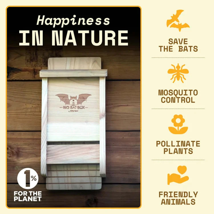 Single Chamber Bat House, Black, cedar design with Happiness In Nature text. Displays benefits: save bats, mosquito control, pollination. Holds 40 bats, eco-friendly.