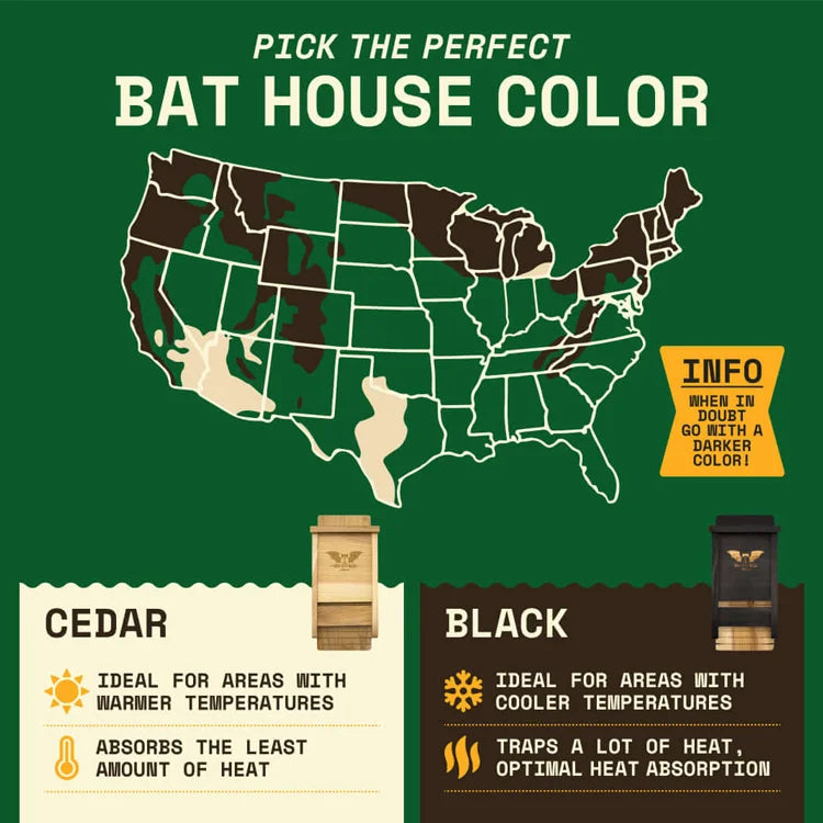 Single Chamber Bat House, Black, features a climate-specific color guide with map and sample houses, advising optimal finishes for varying U.S. regions.