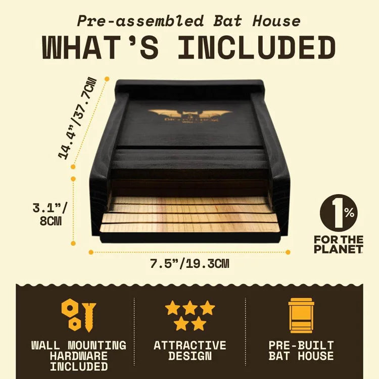 Single Chamber Bat House, Black—pre-built cedar design; wall-mounting hardware included. Compact, weather-resistant, holds up to 40 bats for eco-friendly mosquito control.