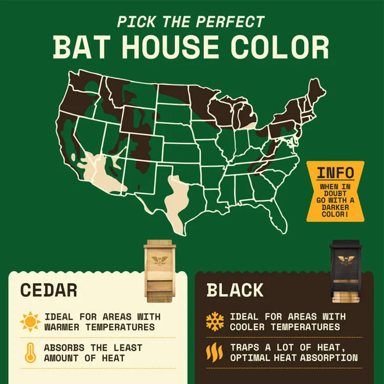 Single Chamber Bat House, Black, shown with a U.S. map infographic recommending bat house colors by region, highlighting benefits of cedar and black finishes for temperature suitability.