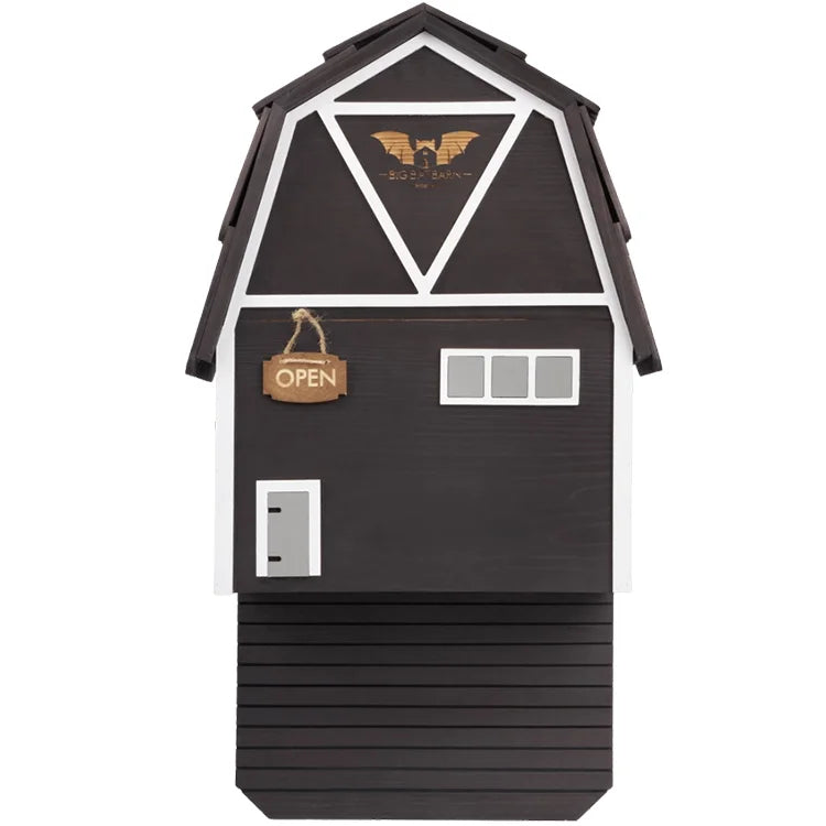 Big Bat Barn 3 Chamber Premium Cedar with a pitched roof, bat silhouette, slotted landing grooves, and OPEN sign for easy bat roosting outdoors.