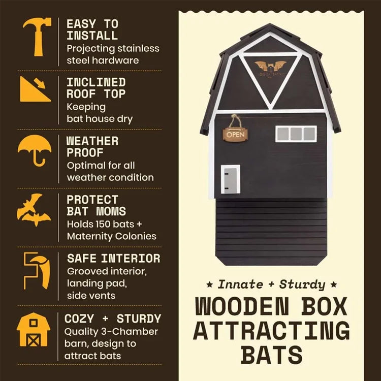Promotional graphic of the Big Bat Barn 3 Chamber Premium Cedar, Black, featuring a barn-shaped wooden bat house illustration with six highlighted features like easy installation and weatherproof design.