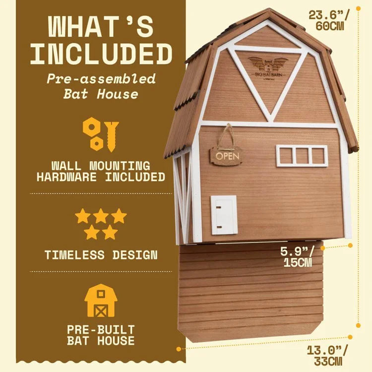 Big Bat Barn 3 Chamber Premium Cedar, Brown, pre-assembled bat house with barn-style design, includes wall-mounting hardware, ideal for up to 150 bats.