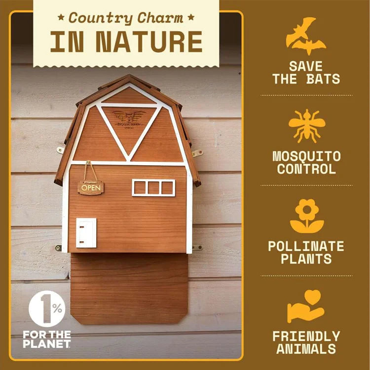 Big Bat Barn 3 Chamber Premium Cedar, Brown, bat house with OPEN sign, highlighting wildlife benefits like mosquito control and pollination, featuring 1% for the Planet badge.