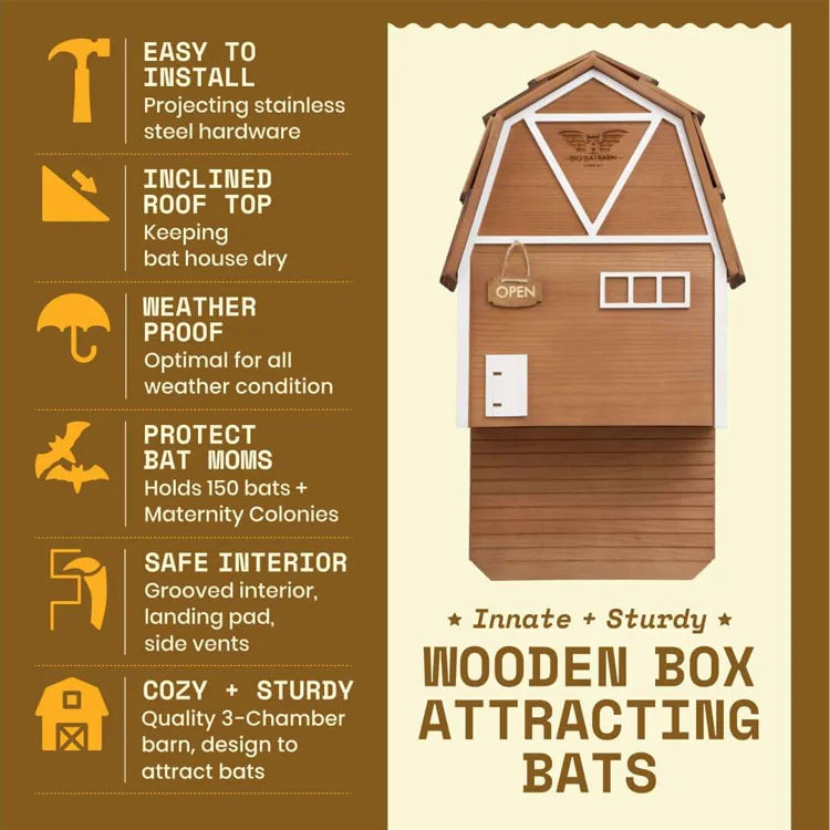 Big Bat Barn 3 Chamber Premium Cedar, Brown: barn-shaped, multi-chamber wooden bat house with features like inclined roof, grooved interior, and wall-mounting hardware for easy installation.