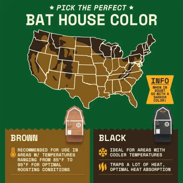 An informational graphic titled 'PICK THE PERFECT BAT HOUSE COLOR' on a dark green background. It shows a stylized map of the United States filled with brown and black tones, plus two small bat house illustrations labeled Brown and Black with text explaining color recommendations for different climates.