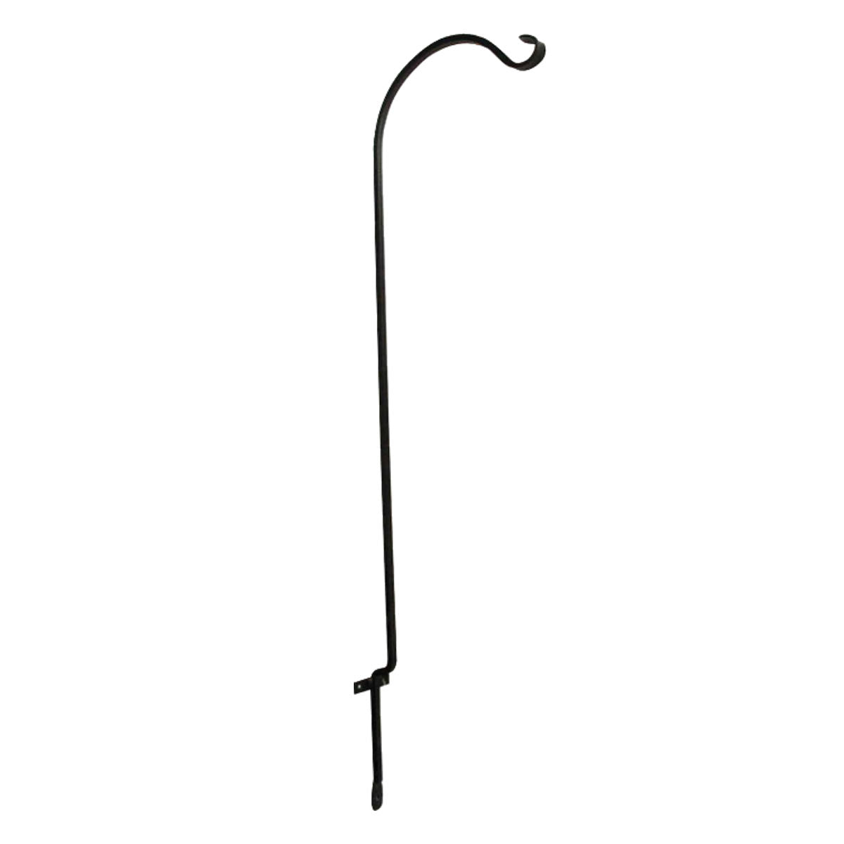 Single Deck Screw Mount Hanger: black metal pole with curved end, designed to hold bird feeders, features built-in support bracket for extra strength.