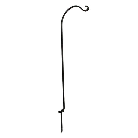 Single Deck Screw Mount Hanger: black metal pole with curved end, designed to hold bird feeders, features built-in support bracket for extra strength.
