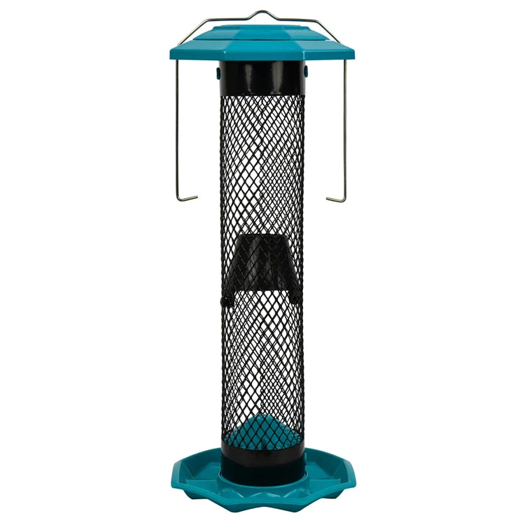 Funnel Flip-Top Mesh Sunflower Feeder, featuring a durable mesh top and cage design, easy-fill funnel, and quick-release base for attracting diverse bird species.