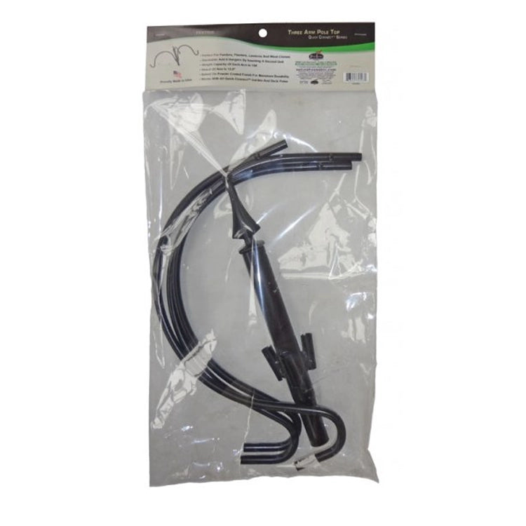 4 Arm Pole Topper in a plastic bag with black wires, featuring a metal structure for light-duty use, not suitable for flower baskets.