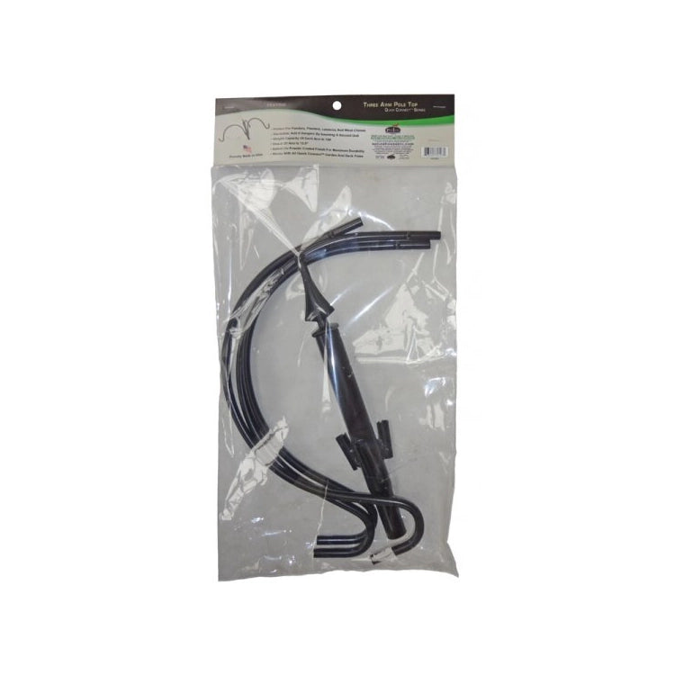 3 Arm Pole Top Hanger in a plastic bag, visible black wires, designed for hanging feeders on 1 poles; durable steel construction.