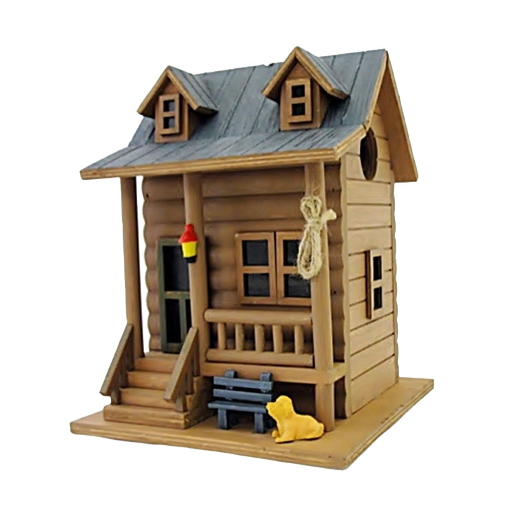 Log Cabin Birdhouse with faux lantern and yellow dog figure, designed for birds' comfort, featuring drainage, ventilation, and easy hanging options.