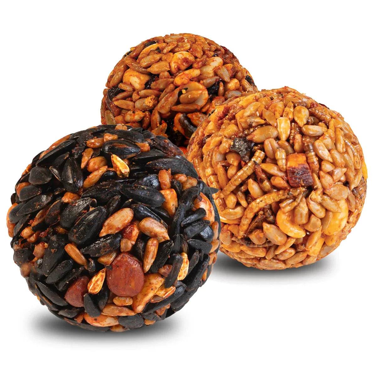 Sizzling Seed Ball Variety Pack, 18 Balls: Three hand-sized seed-cake balls with seeds, peanuts, grains, and mealworms for bird feeding. Includes squirrel-resistant spicy flavors.