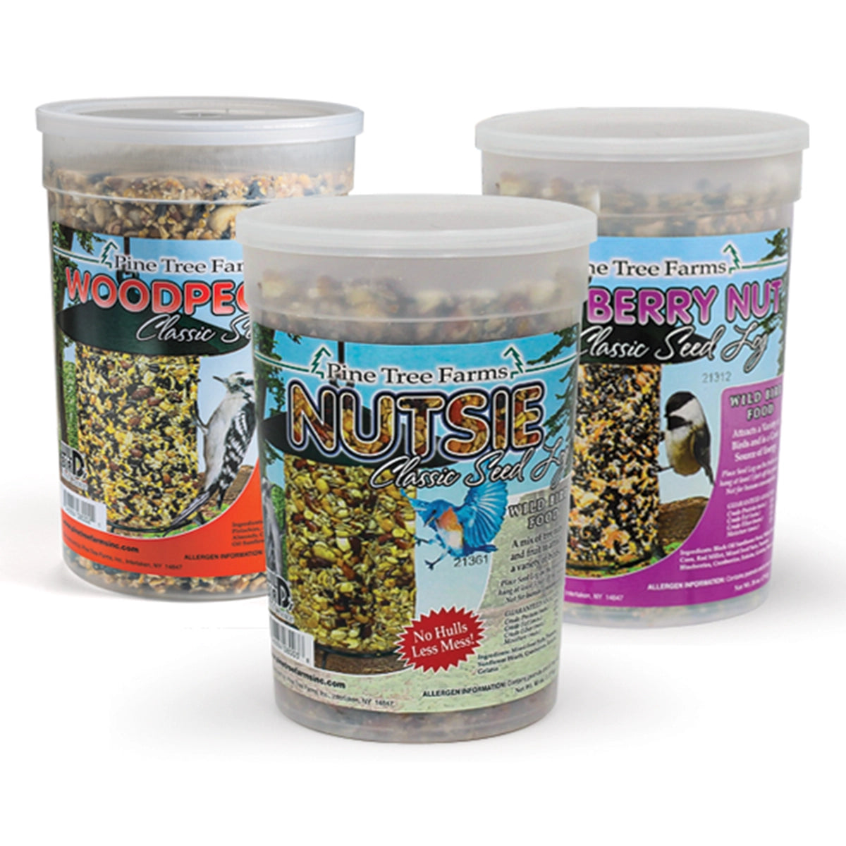Jumbo Classic Seed Logs, Set of 3, featuring Nutsie, Woodpecker, and Berry Nut seed mixes in clear tubs, ideal for attracting diverse backyard birds.