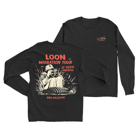 Loons of North America Sweatshirt, Charcoal: Black long-sleeve tee featuring large back print of a loon tour theme and small chest logo. Ideal for bird enthusiasts.
