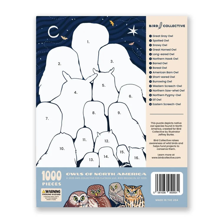 Owls of North America Puzzle back shows 16 silhouetted owl shapes with species key against a night sky, featuring a 1,000-piece count and artist credit.