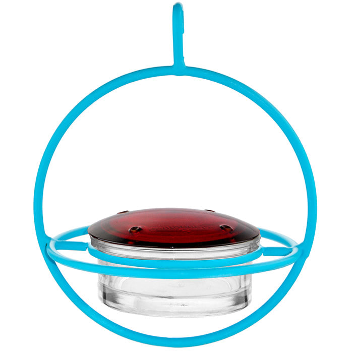 Sphere Hummingbird Feeder, Aqua, featuring a red lid and built-in perch, with four feeding ports and a clear glass dish cradled in a steel frame.