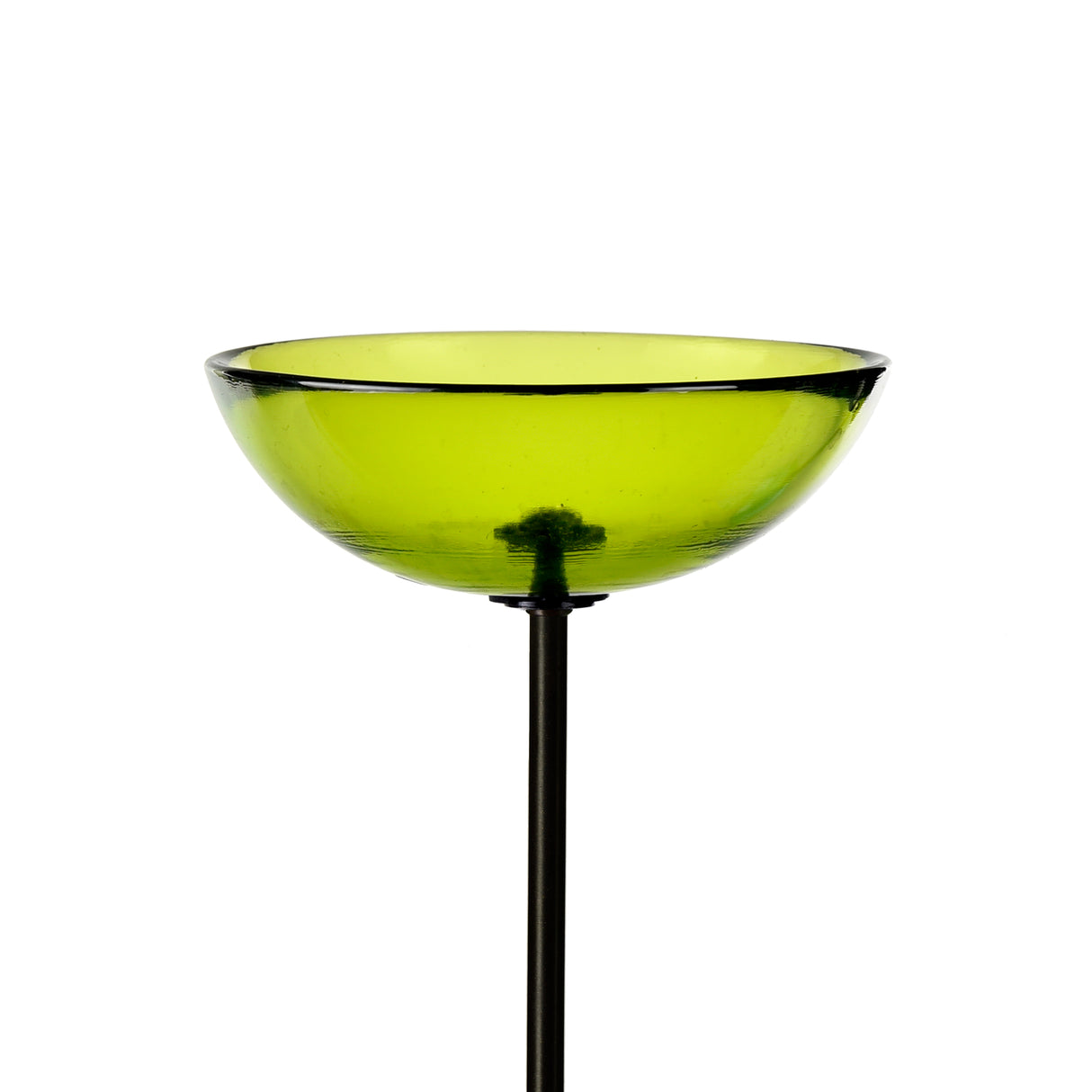 Mosaic Birds Poppy Stake Feeder Lime features a green glass dish on a black pole, ideal for bird feeding with a durable steel stake.