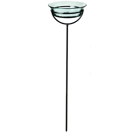 Glass birdbath on durable metal stand, part of the Cuban Garden Stake collection, available in five colors. Eco-friendly, adjustable height, perfect for gardens.