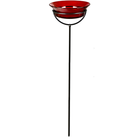 Cuban Garden Stake with red glass birdbath on a black stand, adjustable height, eco-friendly recycled glass, durable steel ground stake.