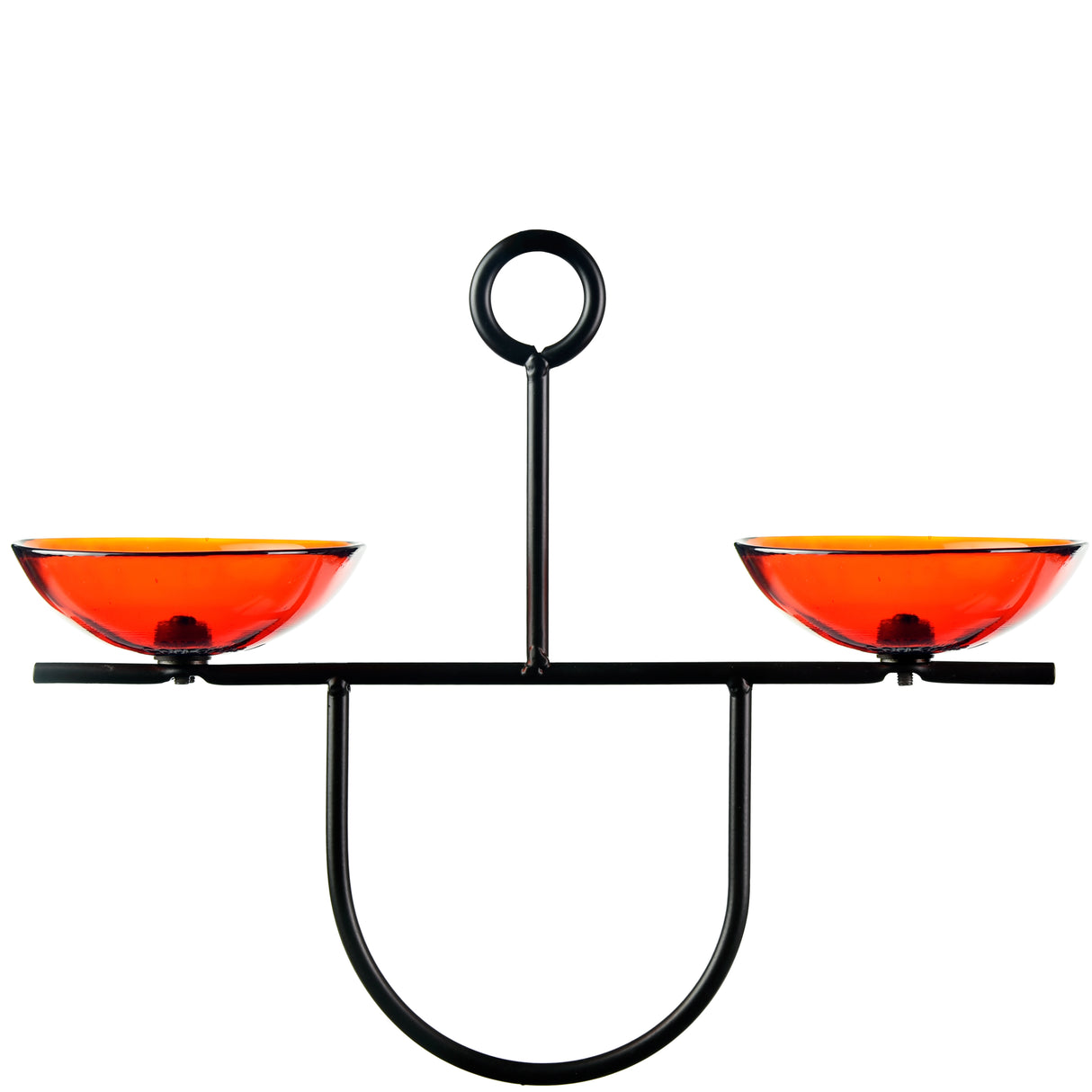 Mosaic Birds Side by Side Poppy Feeder, Orange, with two red glass dishes on a black metal stand for bird treats.