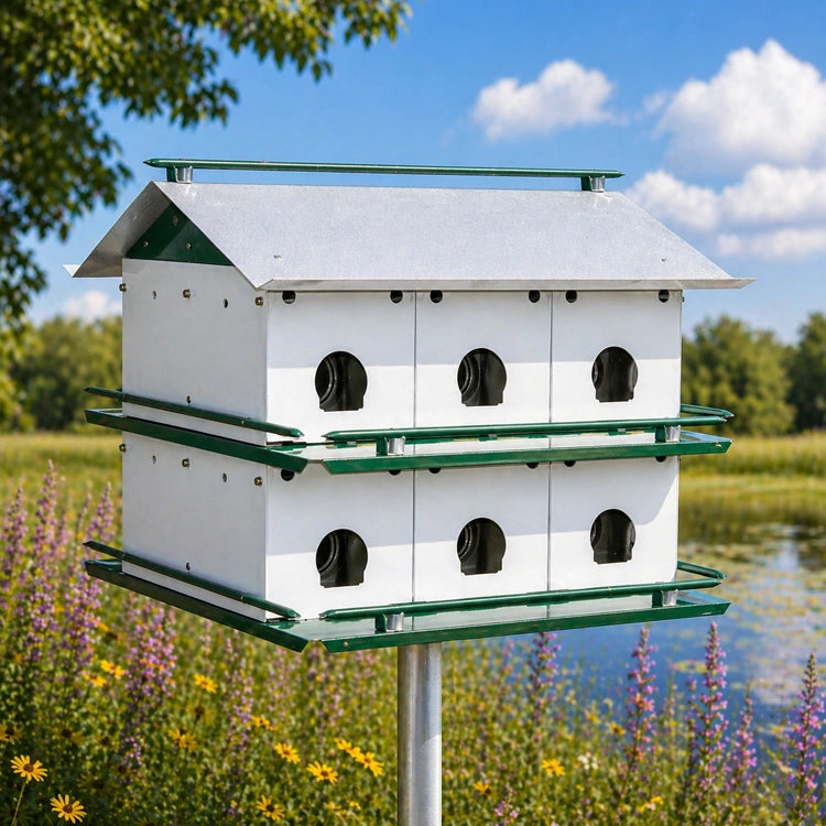 Purple Martin House on a pole with a natural background of trees and flowers