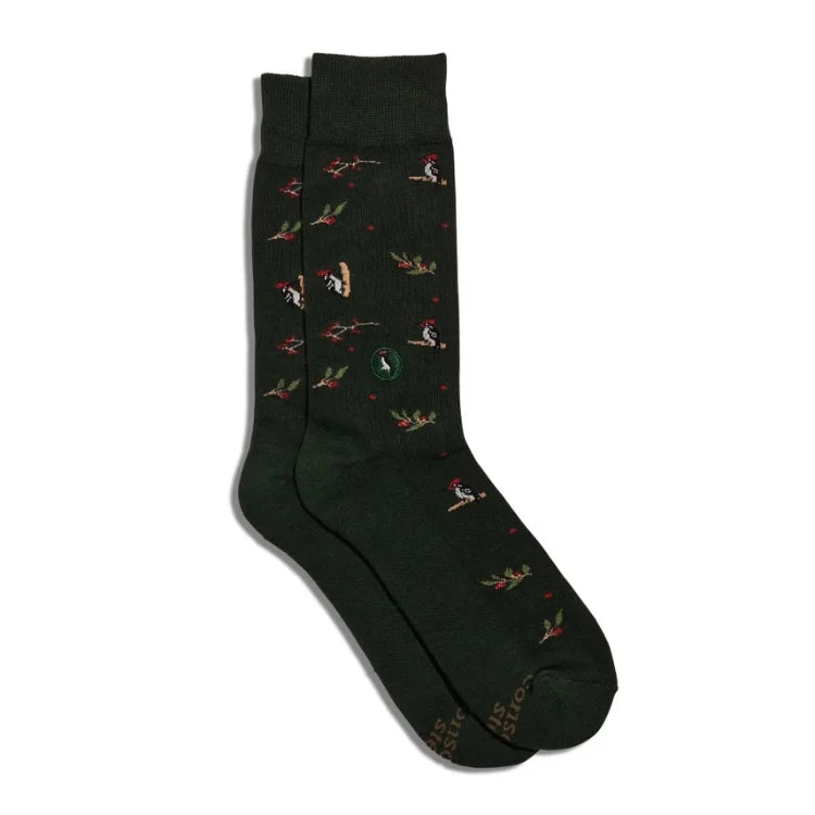Forest green woodpecker socks featuring colorful birds, red berries and woodland-inspired designs