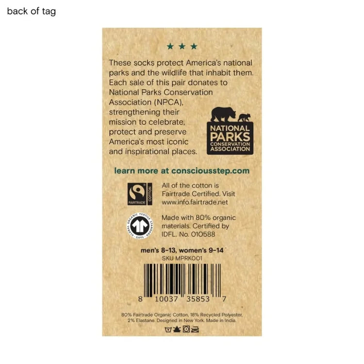 Back of Conscious Step woodpecker socks packaging showing organic cotton materials and national park conservation support