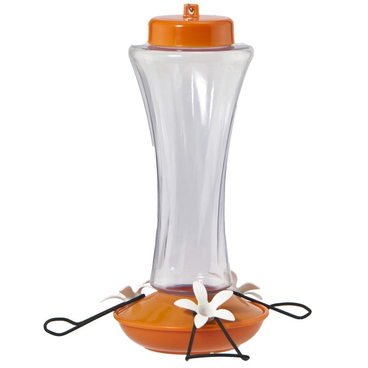 Trumpet Oriole Feeder with clear reservoir, orange top and bottom, and three white flower-shaped feeding ports for easy nectar viewing and cleaning.