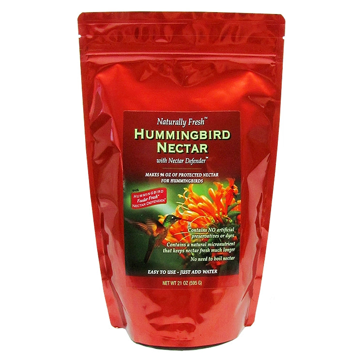 Naturally Fresh Nectar Powder with Nectar Defender in a 21 oz resealable pouch, makes 96 oz nectar, supports hummingbird health, no boiling needed.