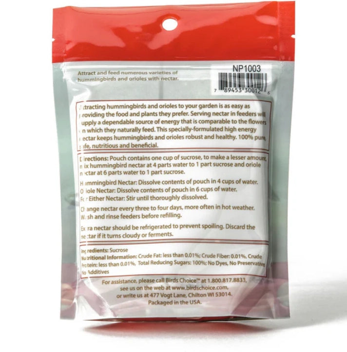 Hummingbird and Oriole Nectar 8 oz. Resealable Pouch, designed for easy mixing, offers sucrose-rich nectar, attracting birds with natural flower-like nutrition.
