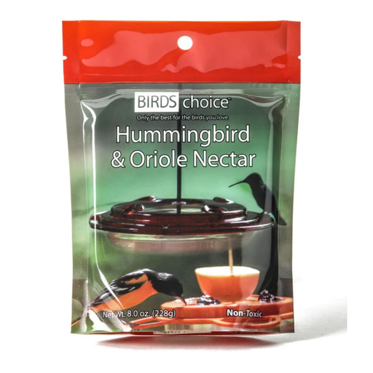 Hummingbird and Oriole Nectar 8 oz. Resealable Pouch, designed for easy mixing, offers long-lasting nectar to attract and nourish birds in your yard.