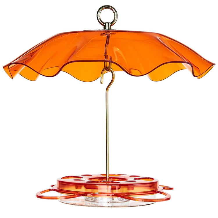 BirdsChoice Oriolefest & Swirl Weather Guard feeder with four jelly dishes, ant moat, acrylic weather guard, and brass hanging hardware for optimal oriole feeding.