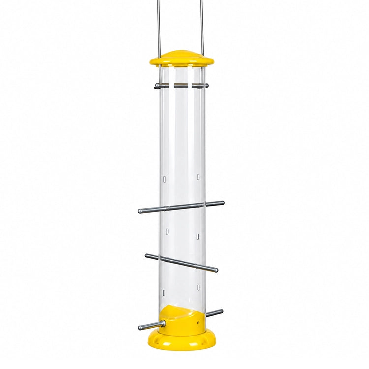 Yellow Nyjer tube bird feeder with a clear reservoir, six metal perches and wire hanger on a white background.