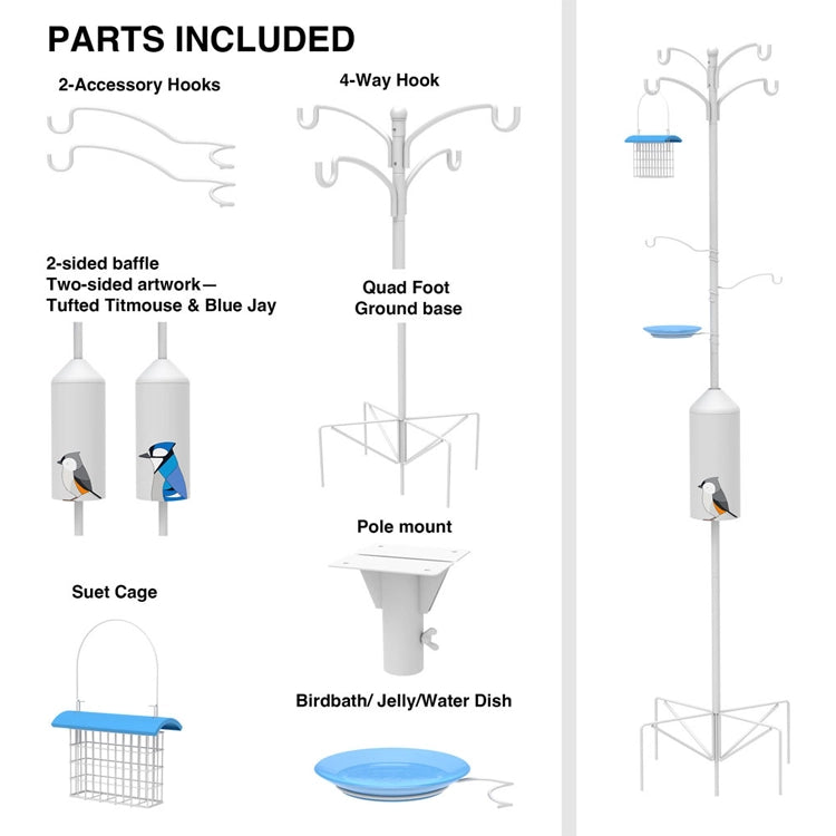 Bird feeder stand with various components labeled on a white background