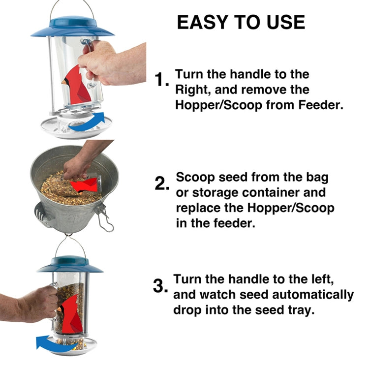 Instructions on how to use a bird feeder with a hopper and scoop mechanism.