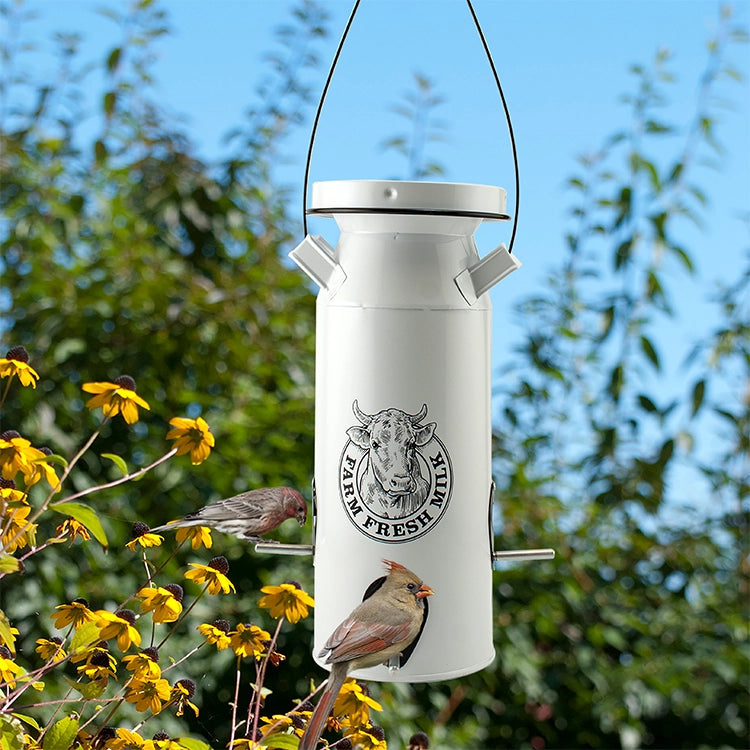 Milkhouse Milk Can Seed Feeder with Farm Fresh Milk logo, features perches for birds, surrounded by black-eyed Susans, enhancing garden attractiveness.