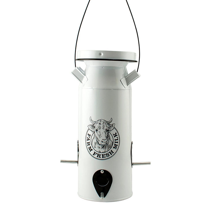 Milkhouse Milk Can Seed Feeder: White metal bird feeder styled as vintage milk can with cow logo, perches, and feeding ports for attracting birds.