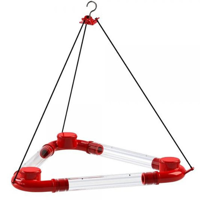 Wild Bird Lovers 6 Port Plastic Diner Bell Hummingbird Feeder, triangle-shaped with twist-off caps, 8 oz. capacity, six feeding ports for easy cleaning and bird watching.