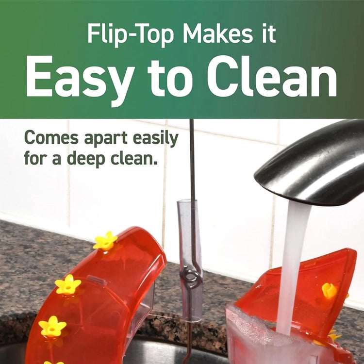 Red drink mixer with yellow flowers on a countertop, with text highlighting ease of cleaning.