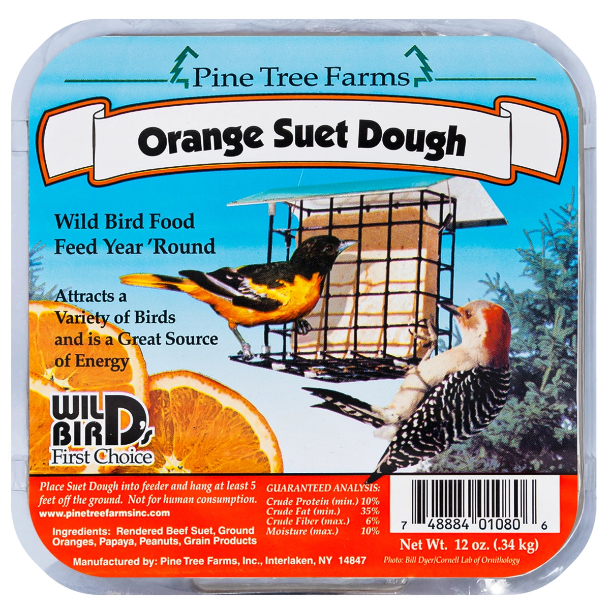 Orange Suet Dough Cakes, 12 Cakes: Packaged wild bird food featuring a label with orioles and woodpeckers, promoting energy-rich, year-round feeding with citrus and nut ingredients.