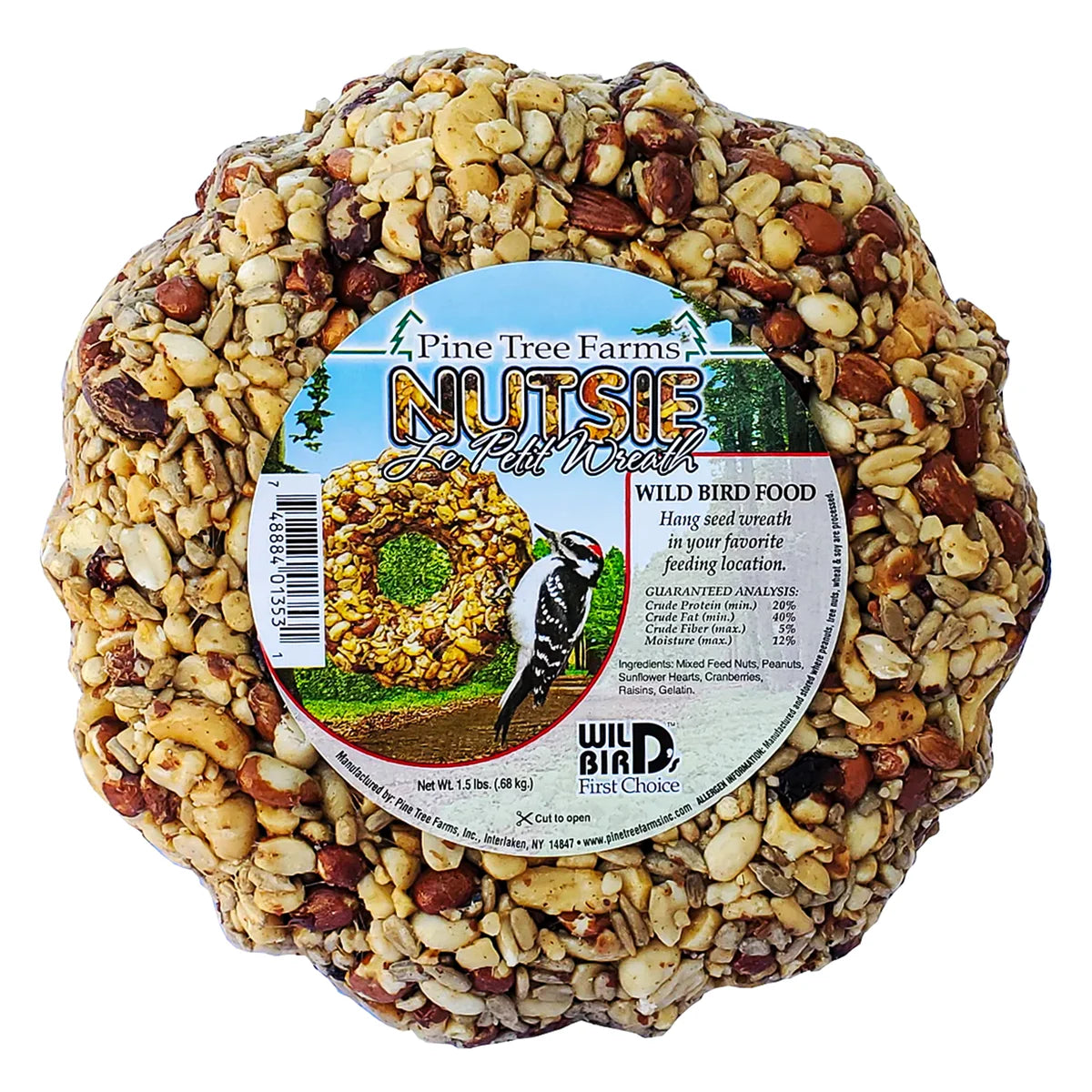 Le Petit Nutsie Wreath by Pine Tree Farms, a packaged bird-feeding ring of peanuts, sunflower hearts, mixed nuts, and dried fruit, ready for outdoor hanging.