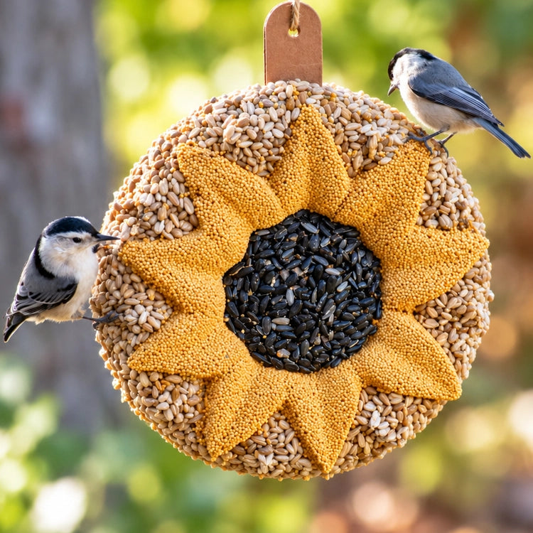 Sunflower Seed Wreath with a nuthatch perched, featuring black oil sunflower seeds center, yellow millet petals, and sunflower kernel edge, hanging by twine.