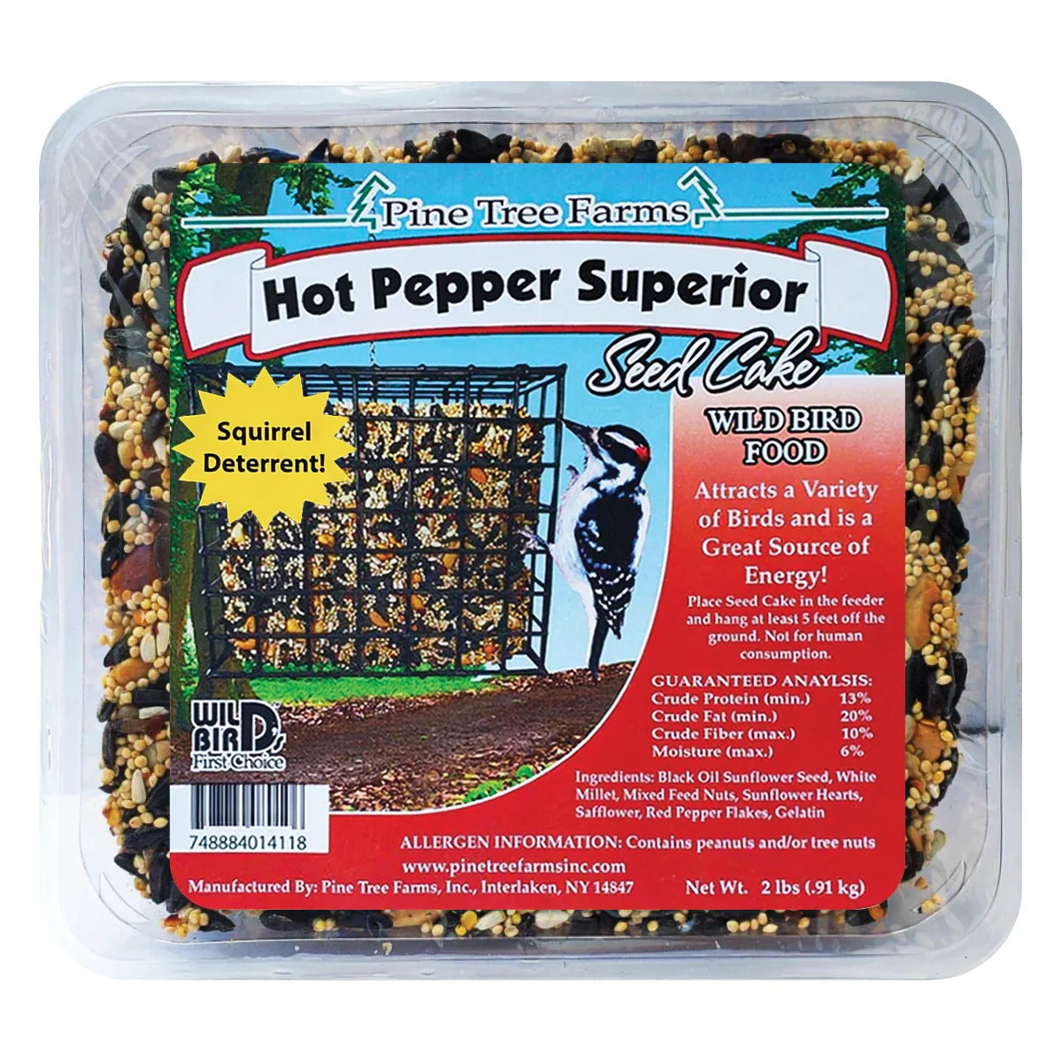 Hot Pepper Superior Blend Seed Cake, Large in clear packaging, showing a seed block with sunflower seeds, nuts, and red pepper flakes for bird feeding.